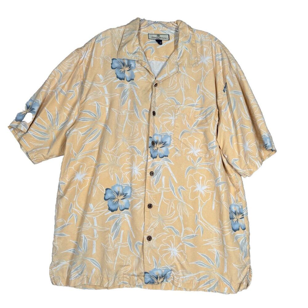 Tommy Bahama Shirt Men Large Yellow Blue Floral Silk Casual Vacation Cruise Wear